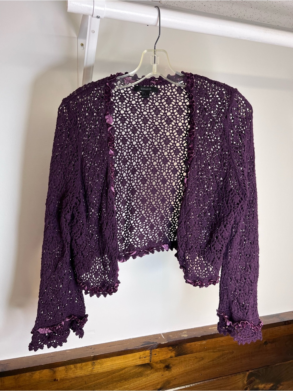 Y2K Express Crochet Open Sweater Cardigan Shrug Cropped Deep Purple- L